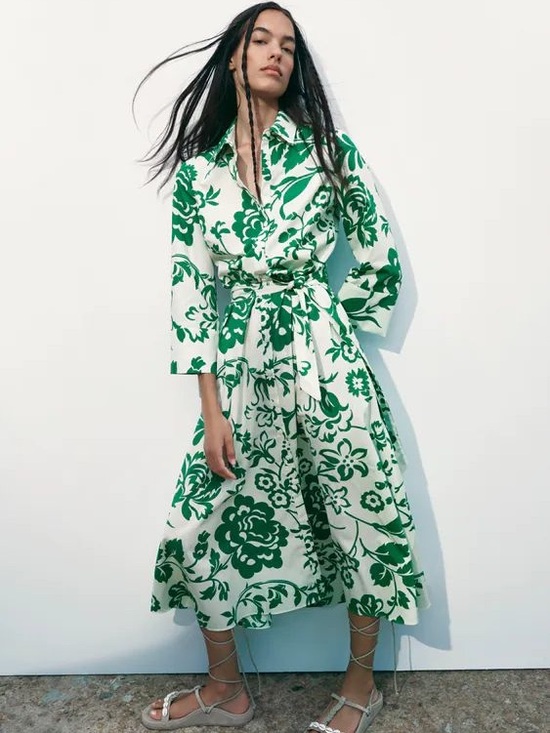 Zara Dresses & Skirts - Zara Green & White Floral Long-Sleeve Shirt Dress